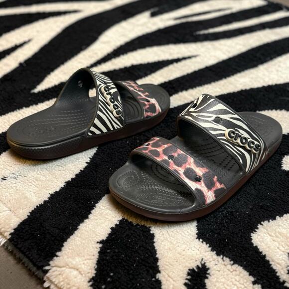CROCS Shoes - Crocs Women's 6 Classic Animal Remix Slide on Sandals Zebra Cheetah with Charm